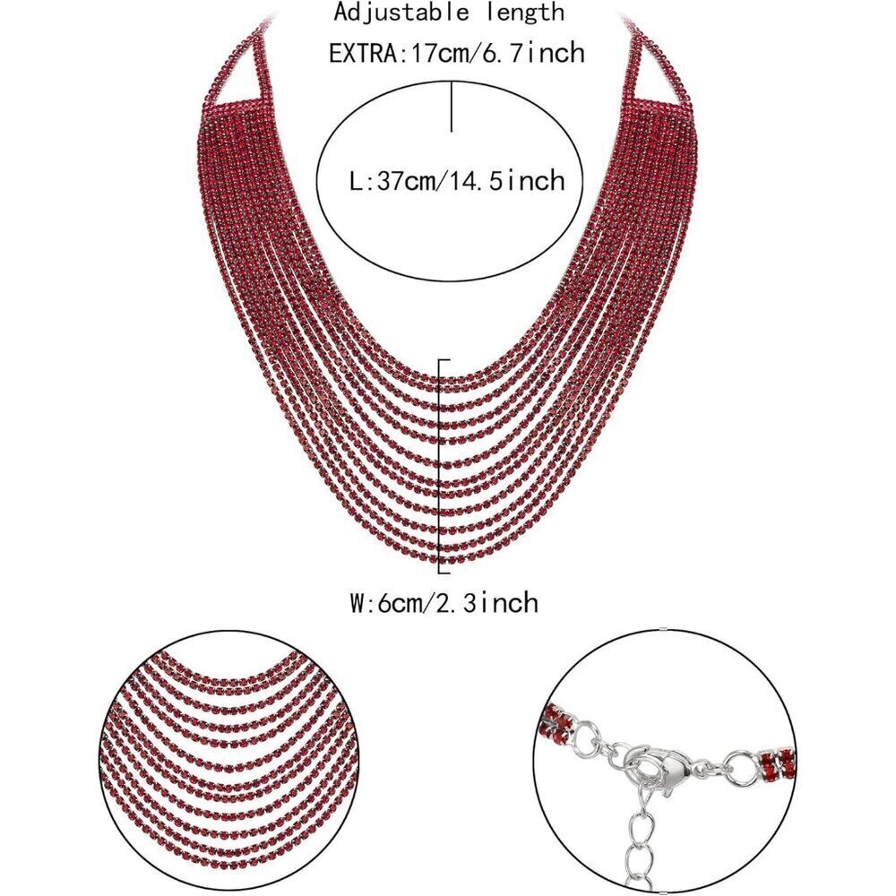🆕 Women Red Multi Layered Chunky Collar Necklace Glitter Rhinestone Bib Jewelry - Picture 6 of 6